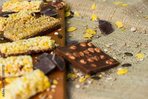 Granola Bars and chocolate with hazelnuts 