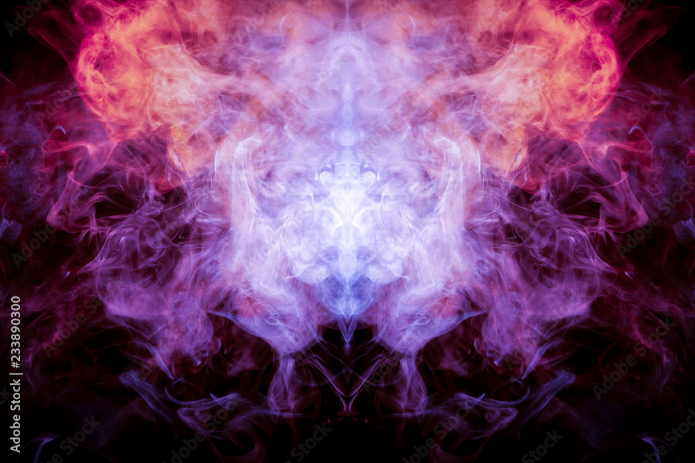 Obraz premium A background of pink, red and white wavy smoke in the shape of a ghost's head or a man of mystical appearance on a black isolated ground. Bright abstract pattern of steam from vape.