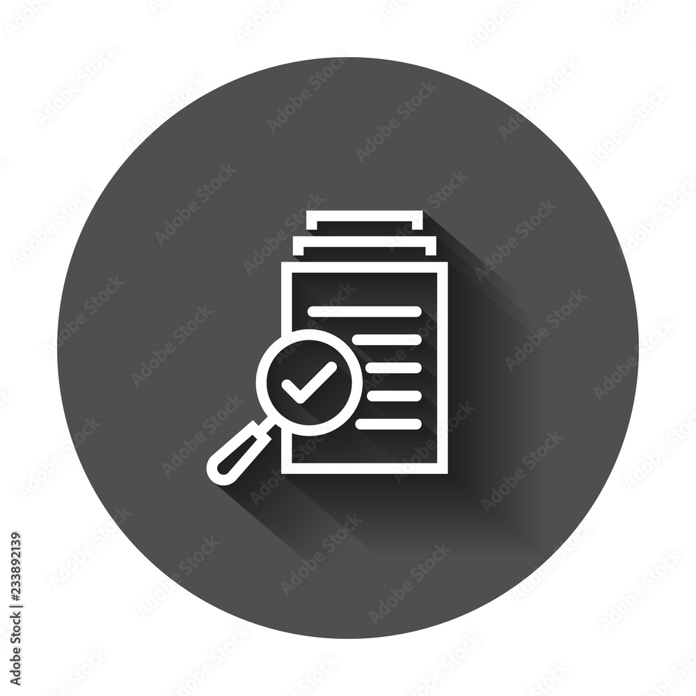 Scrutiny document plan icon in flat style. Review statement vector illustration with long shadow. Document with magnifier loupe business concept.