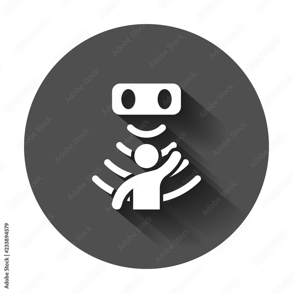 Naklejka premium Motion sensor icon in flat style. Sensor waves with man vector illustration with long shadow. People security connection business concept.