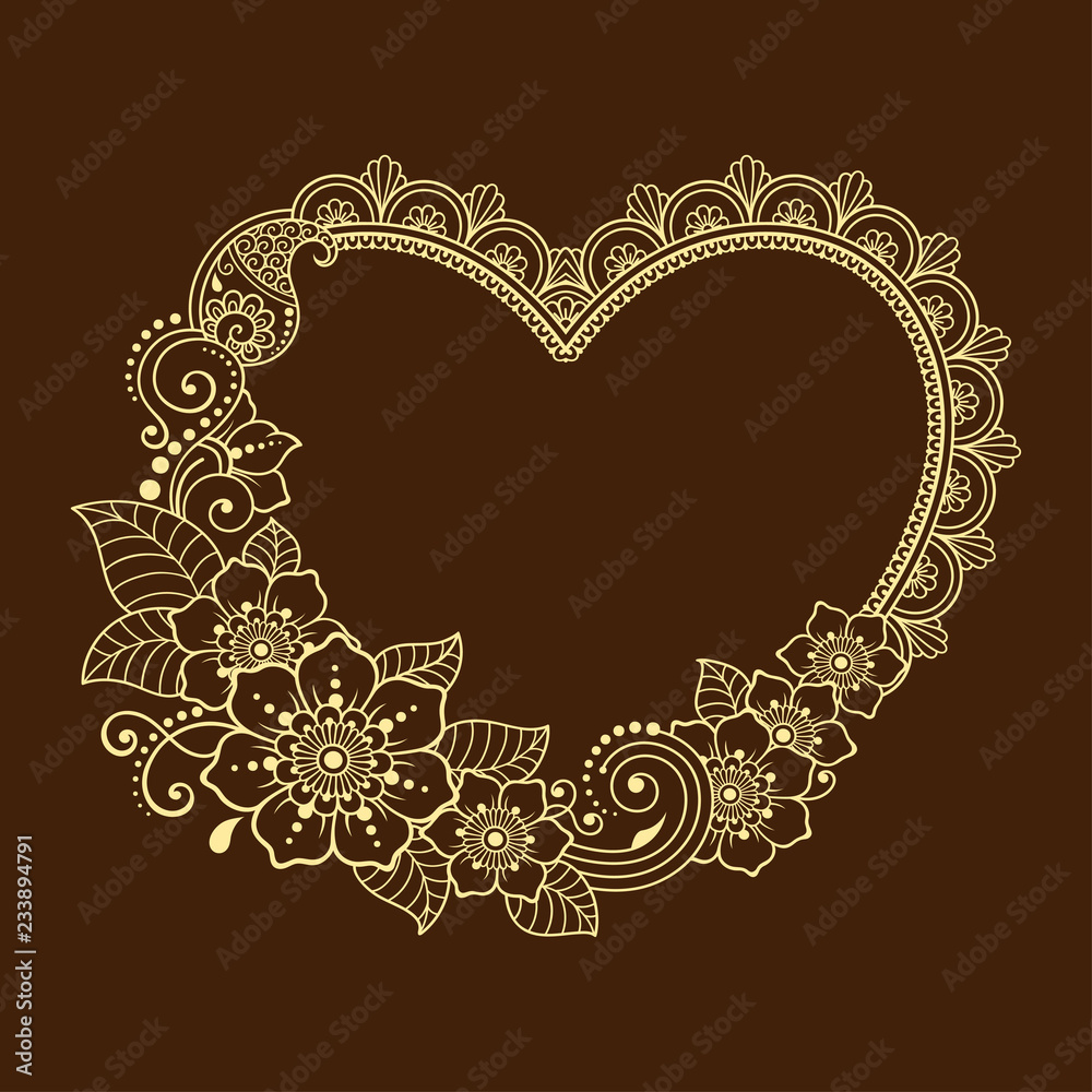 Fototapeta Pattern in form of heart for Henna, Mehndi, tattoo, decoration - frame. Decorative ornament in ethnic oriental style, Indian style.. Coloring book page.