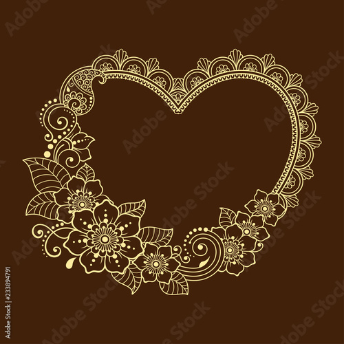 Fototapeta Pattern in form of heart for Henna, Mehndi, tattoo, decoration - frame. Decorative ornament in ethnic oriental style, Indian style.. Coloring book page.
