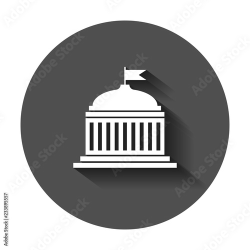 Bank building icon in flat style. Government architecture vector illustration with long shadow. Museum exterior business concept.