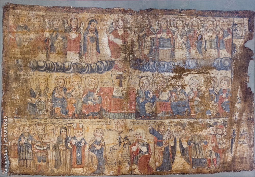 Bardejov, Slovakia. 9 August 2018. The Last Judgement on a canvas from a church. Currently in a museum. Bardejov, Slovakia. 9 August 2018. The Last Judgement on a canvas from a church. Currently in a museum.