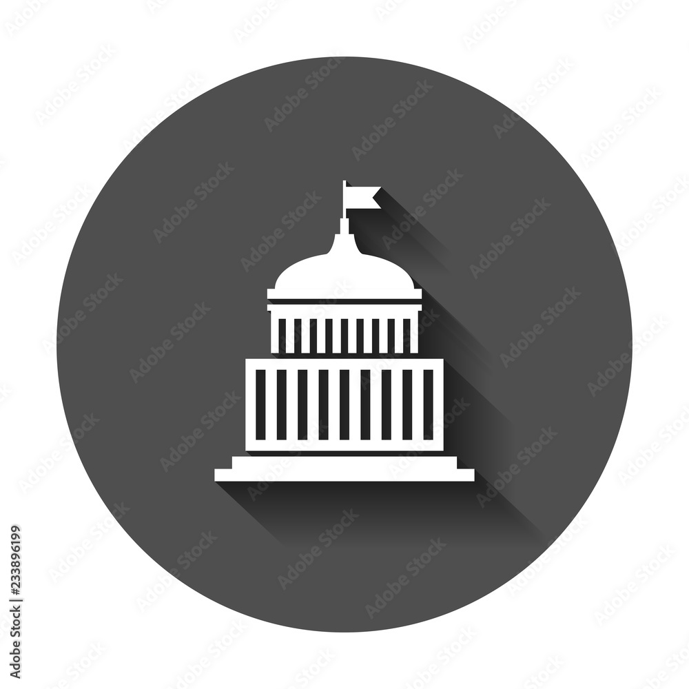 Bank building icon in flat style. Government architecture vector illustration with long shadow. Museum exterior business concept.