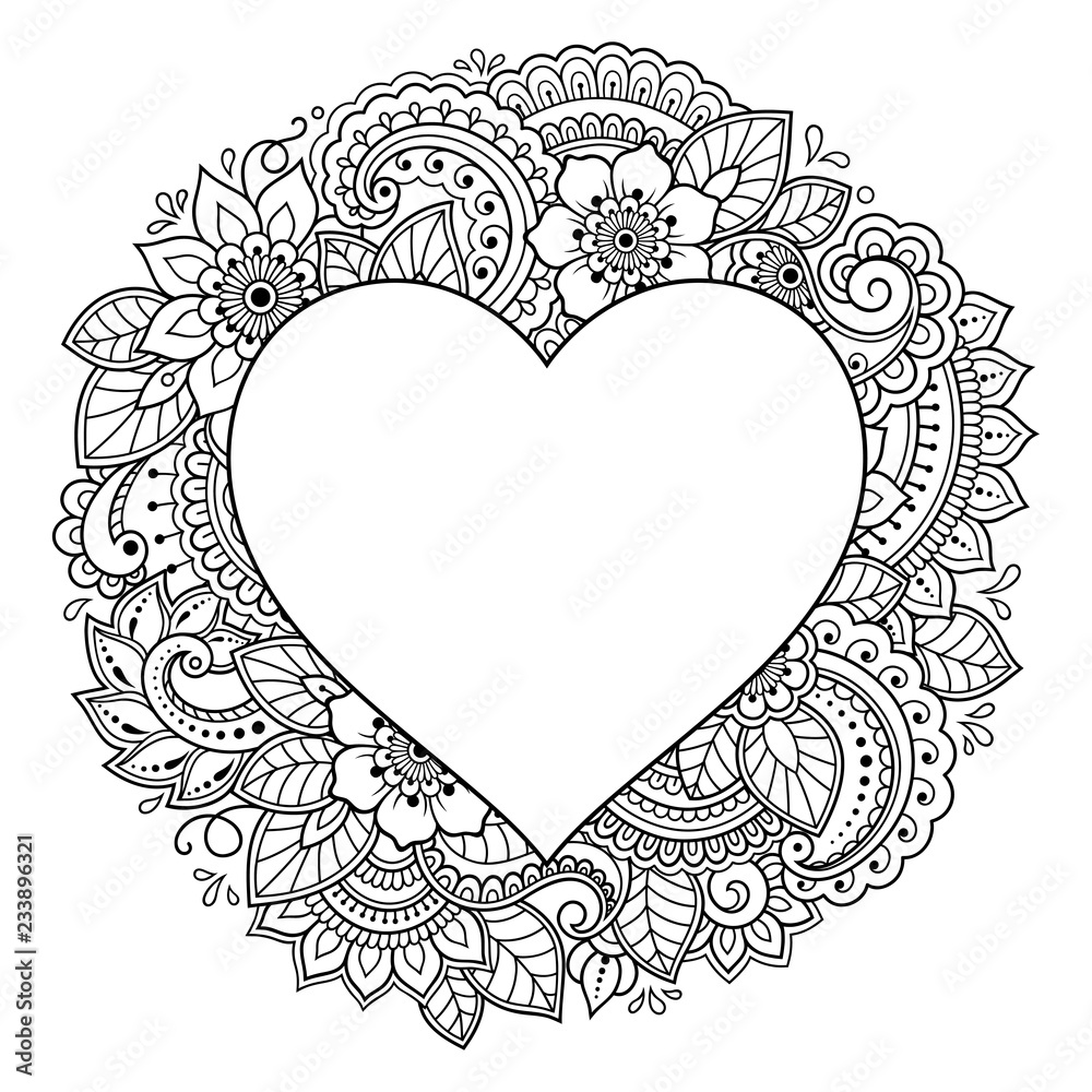 Pattern in form of heart for Henna, Mehndi, tattoo, decoration - frame. Decorative ornament in ethnic oriental style, Indian style. Coloring book page. Pattern in form of heart for Henna, Mehndi, tattoo, decoration - frame. Decorative ornament in ethnic oriental style, Indian style. Coloring book page.