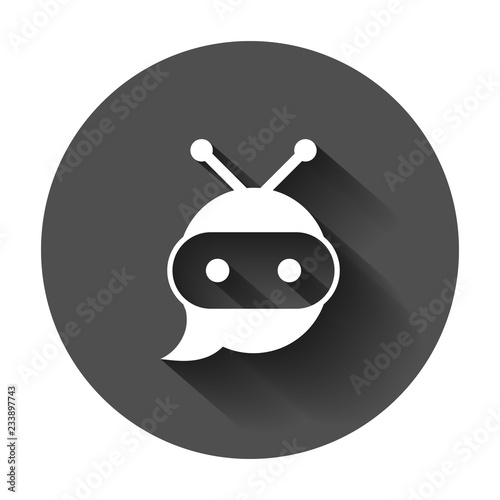 Cute robot chatbot icon in flat style. Bot operator vector illustration with long shadow. Smart chatbot character business concept.