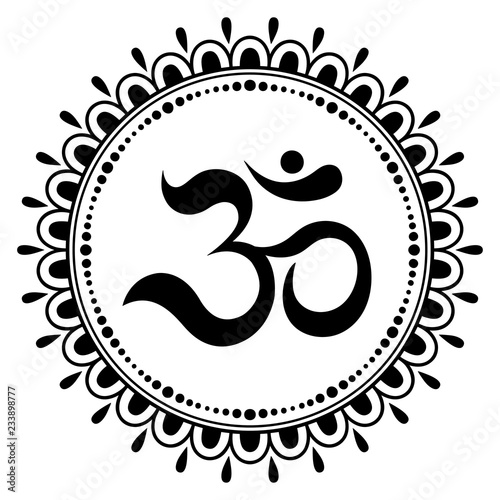 Circular pattern in form of mandala for Henna, Mehndi, tattoo, decoration. Decorative ornament in oriental style with ancient Hindu mantra OM. Coloring book page.
