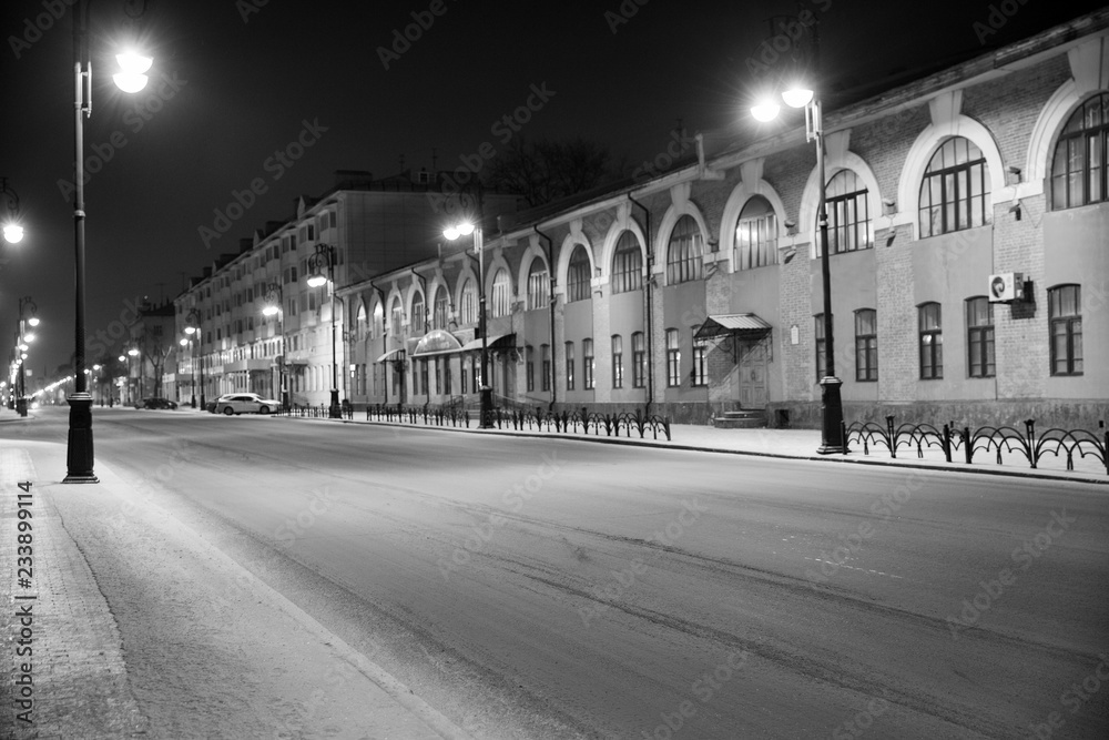 Bright lights on a snowy street. Quiet winter night
