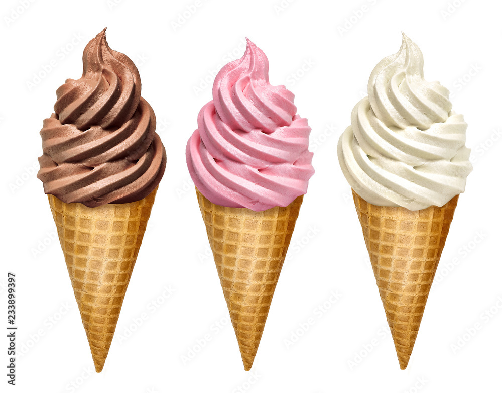 Strawberry, vanilla and chocolate soft ice creams or frozen yogurt in cone isolated on white background