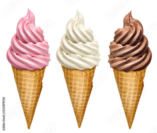 Strawberry, vanilla and chocolate soft ice creams or frozen yogurt in cone isolated on white background