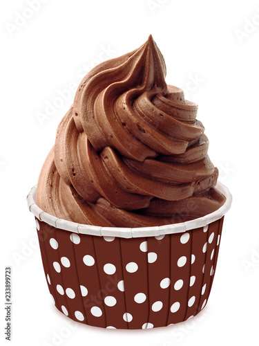 Chocolate soft serve ice cream or frozen yogurt in cone isolated on white background
