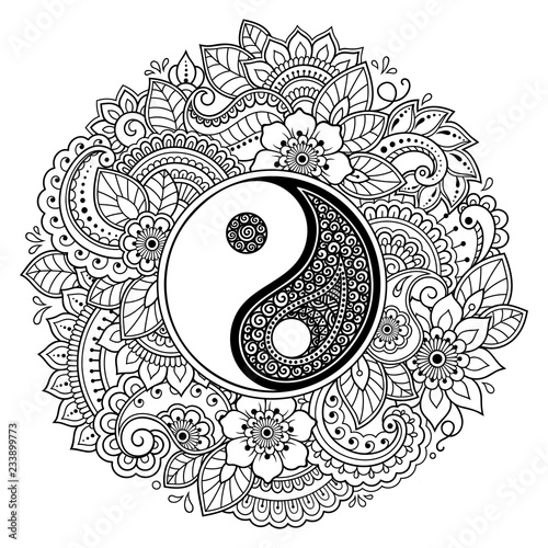 Circular pattern in form of mandala for Henna, Mehndi, tattoo, decoration. Decorative ornament in oriental style with Yin-yang hand drawn symbol. Coloring book page.