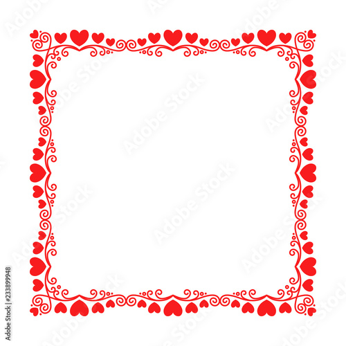 Vector square frame with a luxury pattern of hearts, flourishes and curls in vintage art deco style