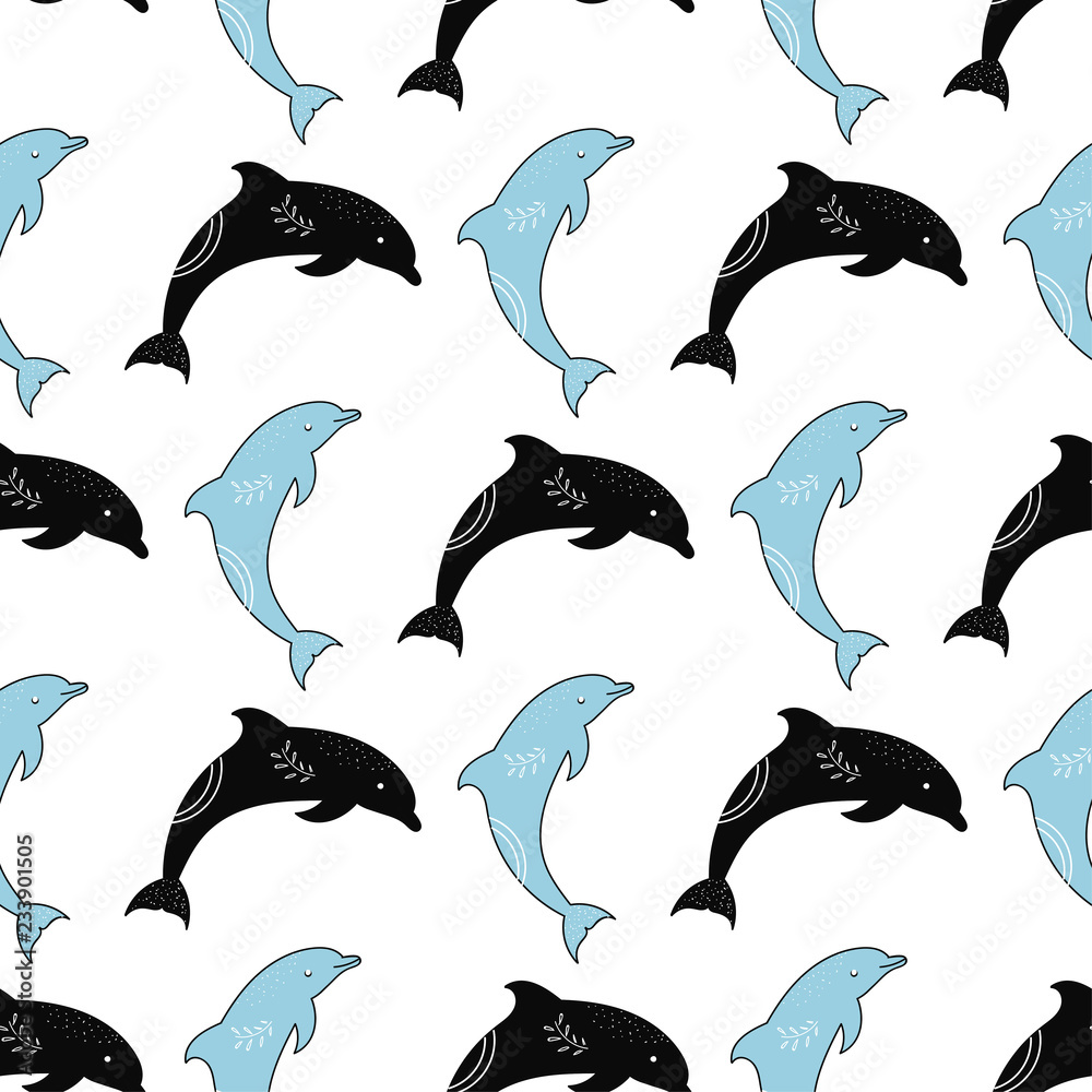 Obraz premium Seamless pattern with dolphins. Marine background
