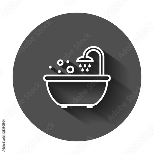 Bath shower icon in flat style. Bathroom hygiene vector illustration with long shadow. Bath spa business concept.