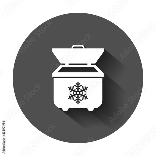 Portable fridge refrigerator icon in flat style. Freezer bag container vector illustration with long shadow. Fridge business concept.