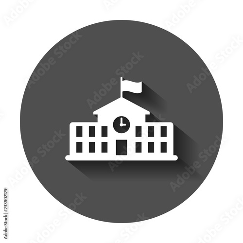 School building icon in flat style. College education vector illustration with long shadow. Bank, government business concept.