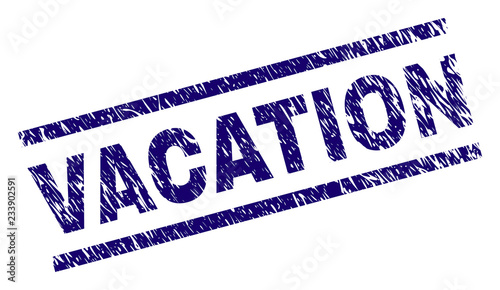 VACATION seal print with scratced style. Blue vector rubber print of VACATION title with unclean texture. Text title is placed between parallel lines.
