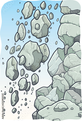 Landslide isolated on white background, stones fall from the rock.
