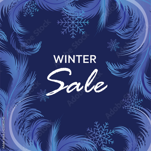 Winter sale vector banner with frosty pattern  sale text and snow flakes for retail seasonal promotion. Vector illustration.