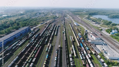 Logistics concept. many ways, freight trains re sorting. industrial railway landscape. Railroad tracks. Top view shooting with quadrocopter.