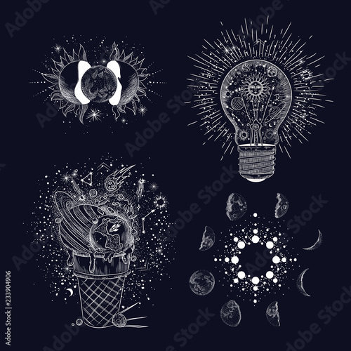 Vector illustration set of moon phases. Different stages of moonlight activity in vintage engraving style
