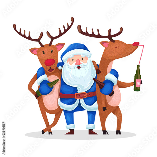 Santa Claus and reindeer. Alternative Christmas: Very drunk Santa with embracing crazy drunk deer after active holiday