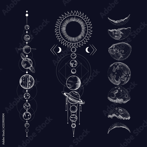 Vector illustration set of moon phases. Different stages of moonlight activity in vintage engraving style