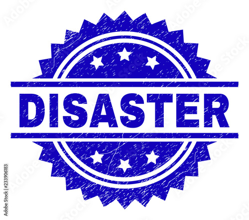 DISASTER stamp seal watermark with distress style. Blue vector rubber print of DISASTER label with unclean texture.