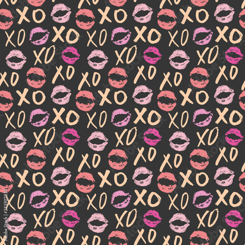 XOXO brush lettering signs seamless pattern, Grunge calligraphic hugs and kisses Phrase, Internet slang abbreviation XOXO symbols, vector illustration isolated on white background