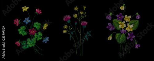 Traditional folk stylish stylish embroidery on the black background. Sketch for printing on clothing, fabric, bag, accessories and design. Vector, trend