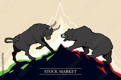 Bull and bear, symbols of stock market trends. Vector illustration