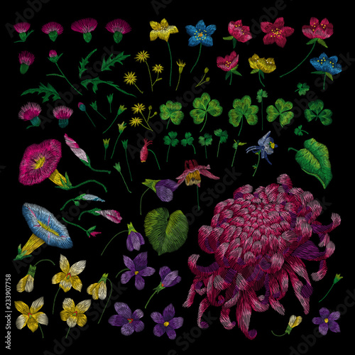 Traditional folk stylish stylish embroidery on the black background. Sketch for printing on clothing, fabric, bag, accessories and design. Vector, trend