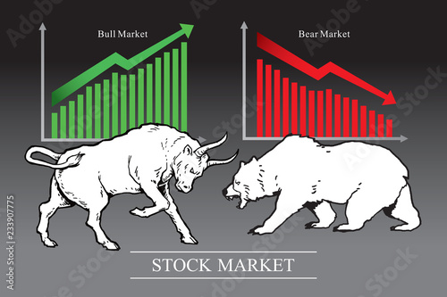 Bull and bear, symbols of stock market trends. Vector illustration