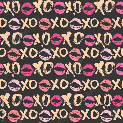 XOXO brush lettering signs seamless pattern, Grunge calligraphic hugs and kisses Phrase, Internet slang abbreviation XOXO symbols, vector illustration isolated on white background