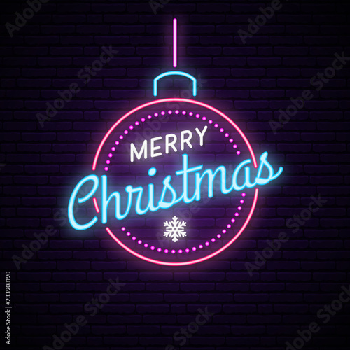 Neon ball with inscription Merry Christmas. Shiny festive banner. Vector illustration.