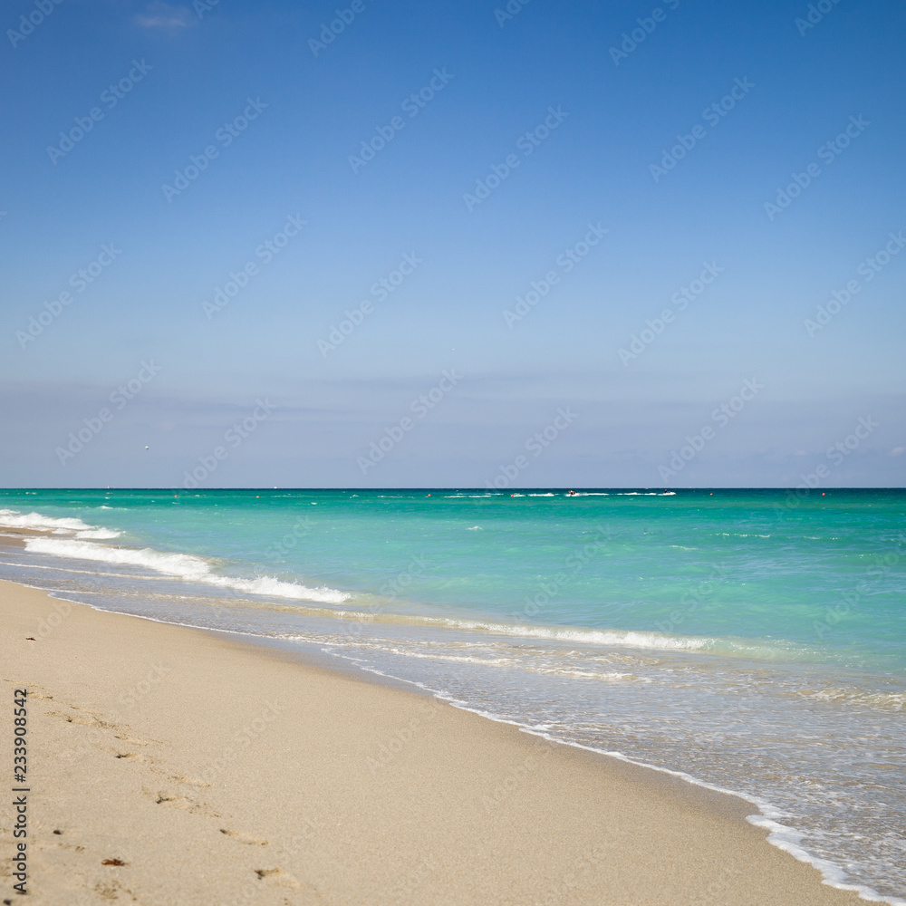 Closeup of Empty ocean sandy beach. Beach in Miami, Florida. Clear blue sky. Seaside.