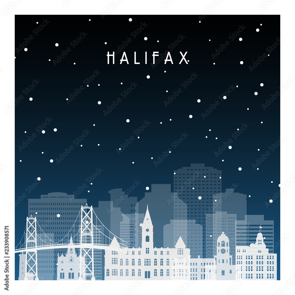 Winter night in Halifax. Night city in flat style for banner, poster, illustration, background.