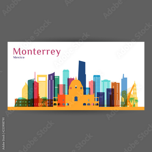 Monterrey city architecture silhouette. Colorful skyline. City flat design. Vector business card.