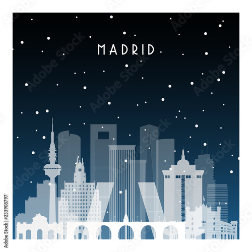 Winter night in Madrid. Night city in flat style for banner, poster, illustration, background.