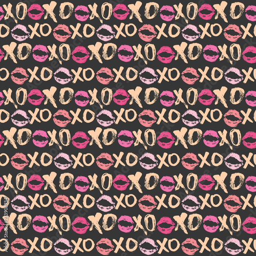 XOXO brush lettering signs seamless pattern, Grunge calligraphic hugs and kisses Phrase, Internet slang abbreviation XOXO symbols, vector illustration isolated on white background