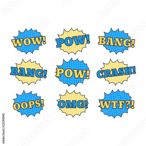 Ttext patches. Comic book speech bubble. Sticker bam badge
