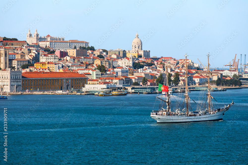 Lisbon skyline on the Tagus River, view of the old town, Portugal