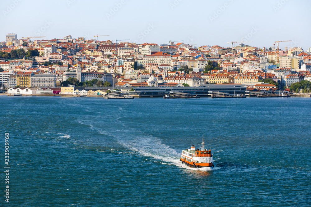 Lisbon skyline on the Tagus River, excursion boat tour, Portugal