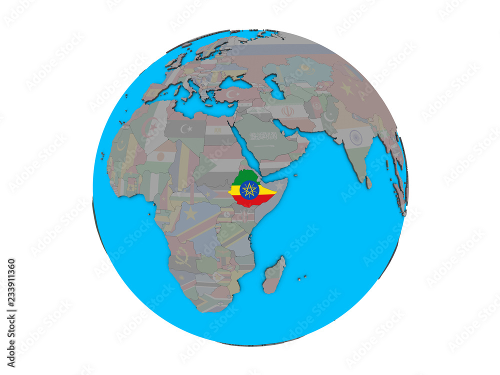Obraz premium Ethiopia with embedded national flag on blue political 3D globe. 3D illustration isolated on white background.