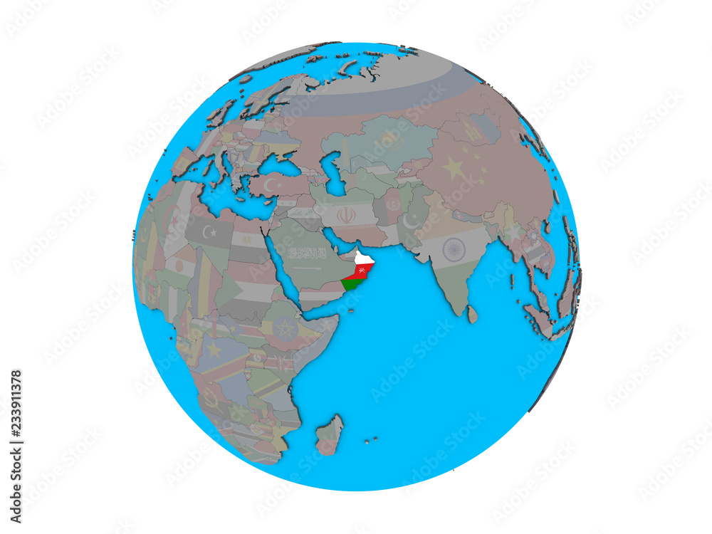Obraz premium Oman with embedded national flag on blue political 3D globe. 3D illustration isolated on white background.