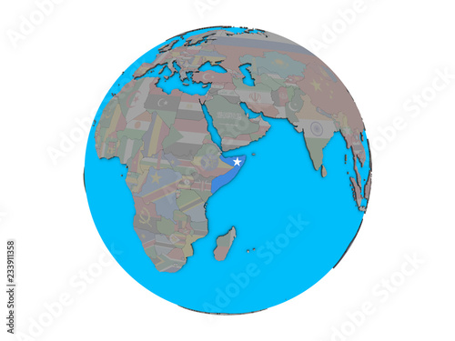 Somalia with embedded national flag on blue political 3D globe. 3D illustration isolated on white background.
