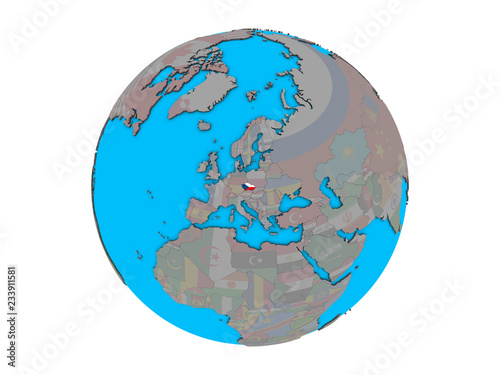 Czech republic with embedded national flag on blue political 3D globe. 3D illustration isolated on white background.