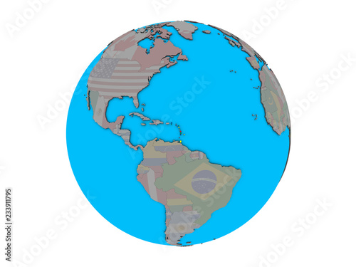 Caribbean with embedded national flag on blue political 3D globe. 3D illustration isolated on white background.